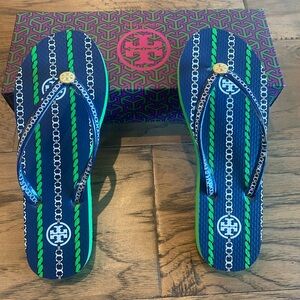 New Tory Burch Navy Sea Gemeni Rope Spring Green Flip Flops Size 6 Style 38959